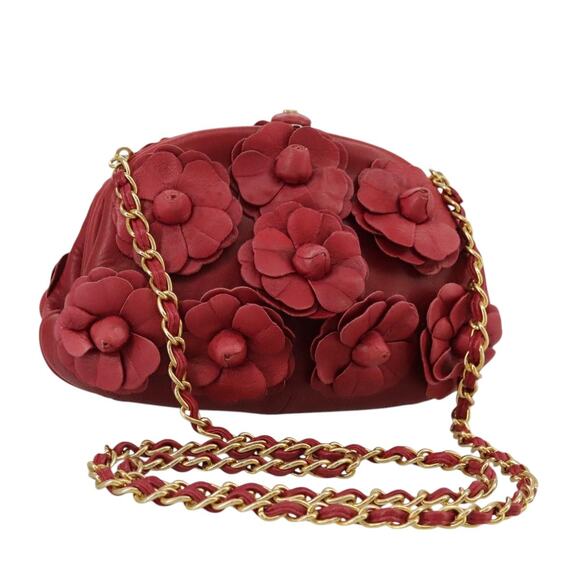 CHANEL Chain Flower Shoulder Bag Leather Red Gold CC - Picture 1 of 16